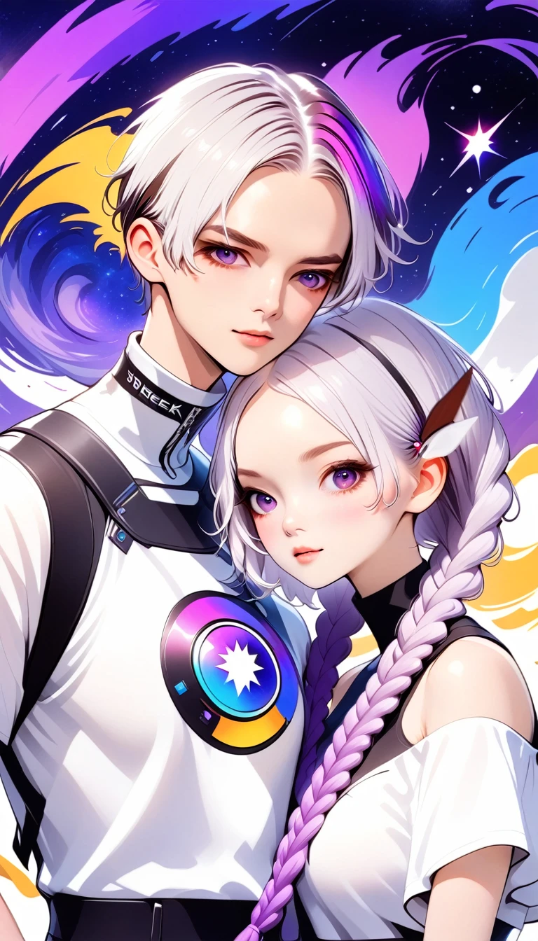 graphic design，Vector Art，Smooth lines，Simple style，Funny couple poster design：Break，Boys short hair white，Girl white hair purple Hair accessories long braids，Hair accessories，High collar off-shoulder short sleeves，Galaxy theme，(fashion design),(Vibrant colors)(Vibrant colors)，(((Leave the top blank，text &References;rich and colorful")))