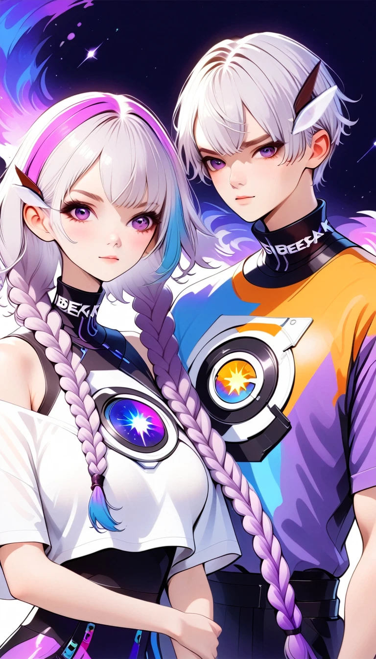 graphic design，Vector Art，Smooth lines，Simple style，Funny couple poster design：Break，Boys short hair white，Girl white hair purple Hair accessories long braids，Hair accessories，High collar off-shoulder short sleeves，Galaxy theme，(fashion design),(Vibrant colors)(Vibrant colors)，(((Leave the top blank，text &References;rich and colorful")))