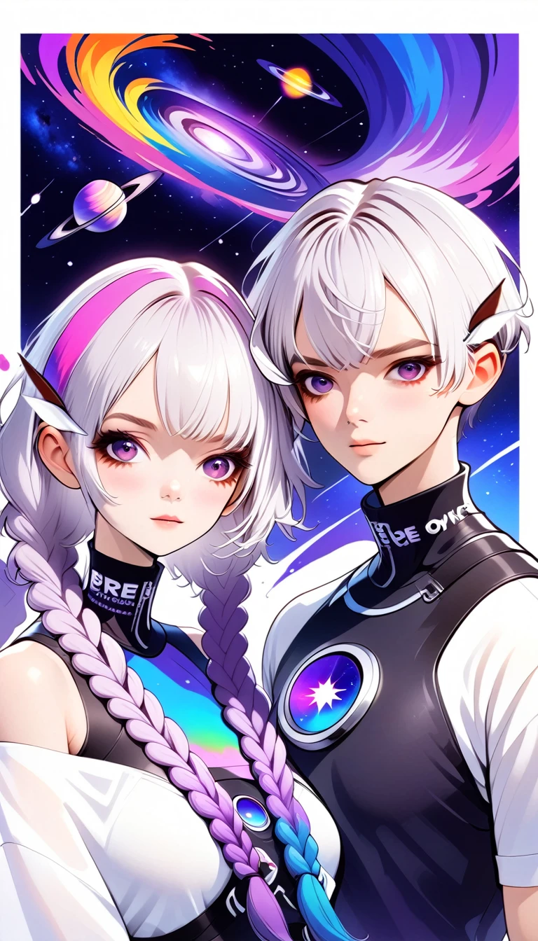 graphic design，Vector Art，Smooth lines，Simple style，Funny couple poster design：Break，Boys short hair white，Girl white hair purple Hair accessories long braids，Hair accessories，High collar off-shoulder short sleeves，Galaxy theme，(fashion design),(Vibrant colors)(Vibrant colors)，(((Leave the top blank，text &References;rich and colorful")))
