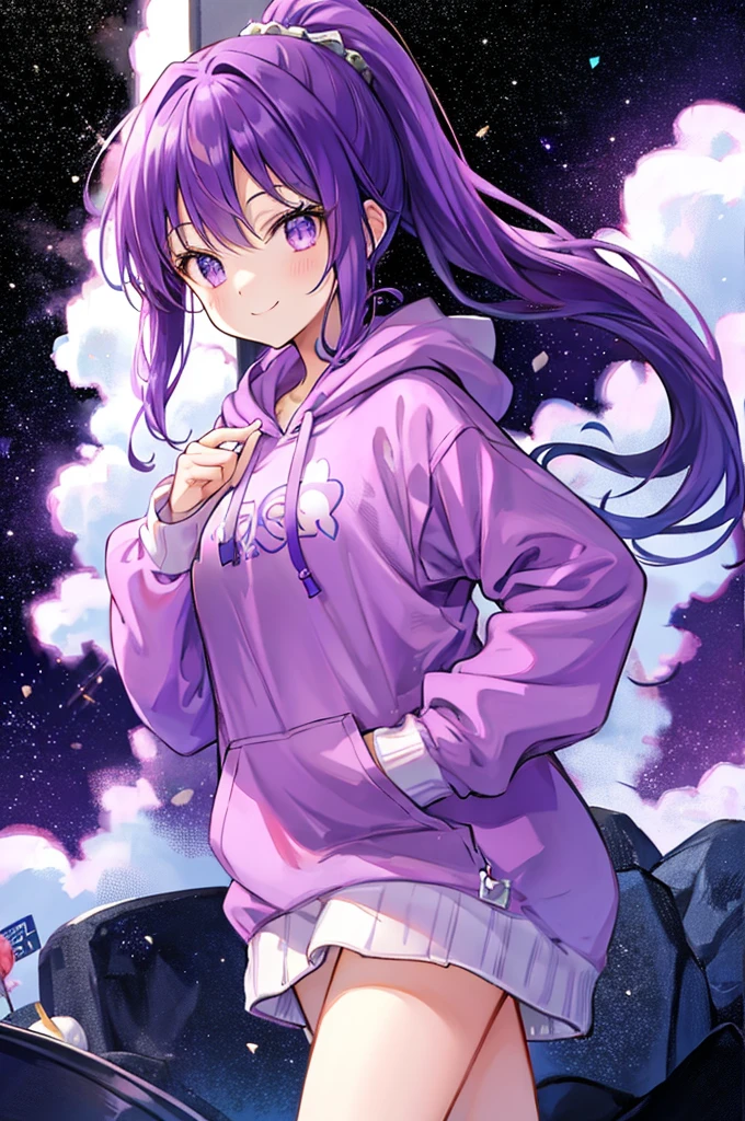 Purple Hair、High ponytail、cute、smile、Shaggy hoodie