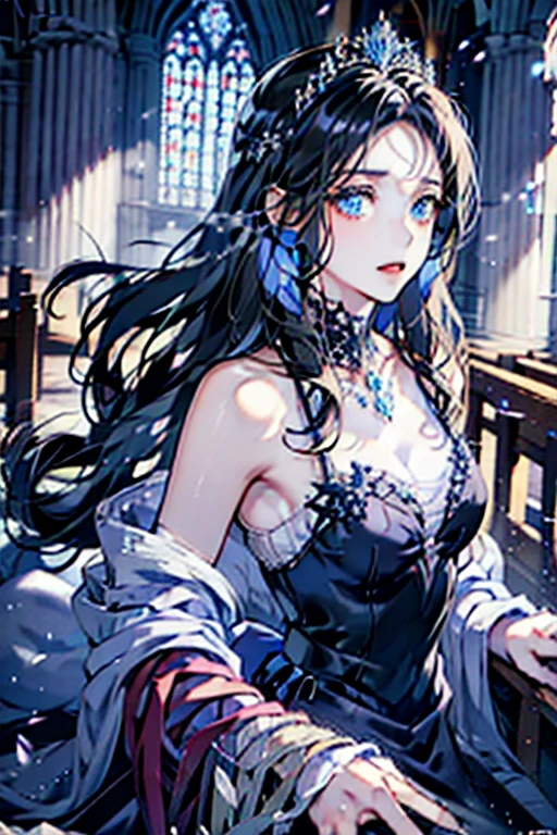 A princess screaming in hatred, detailed face, blue eyes, bioluminescent black dress, very long hair, flying hair, magical