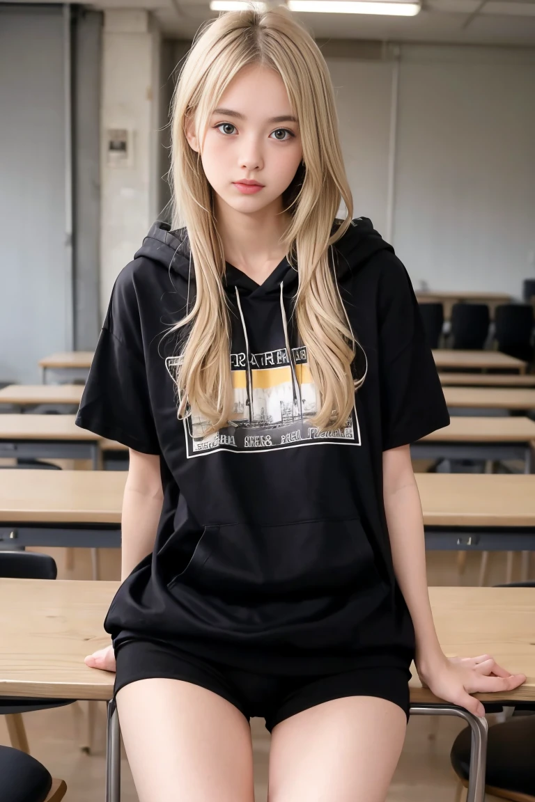 deux femmes blonde ensemble de 18 ans sexy et mince , black short sleeve hoodie , salle de classe, se touche,position sey,sensuel