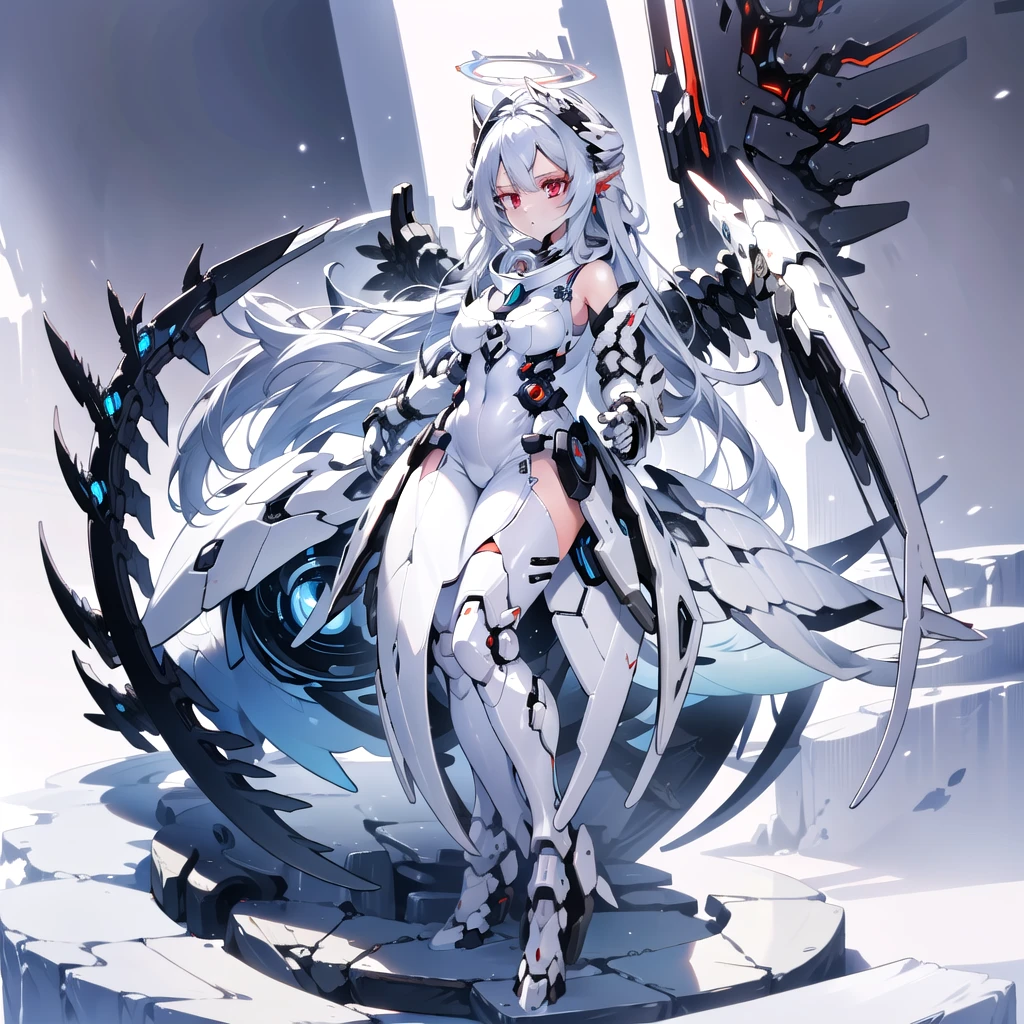 masterpiece, highest quality, highest resolution, clear_image, detailed details, White hair, long hair, cat ears, 1 girl, red eyes, sci-fi dress, white scarf (white scarf around the neck with a light blue glow), gray futuristic halo (gray halo over the head), white wings (6 wings), cute, full body, no water marks, snow, normal ears. white dragon