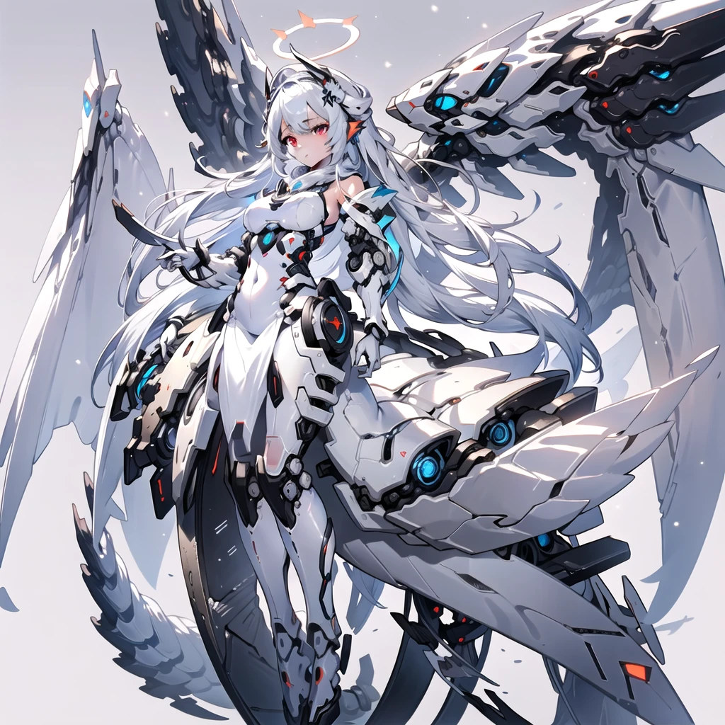 masterpiece, highest quality, highest resolution, clear_image, detailed details, White hair, long hair, cat ears, 1 girl, red eyes, sci-fi dress, white scarf (white scarf around the neck with a light blue glow), gray futuristic halo (gray halo over the head), white wings (6 wings), cute, full body, no water marks, snow, normal ears. white dragon