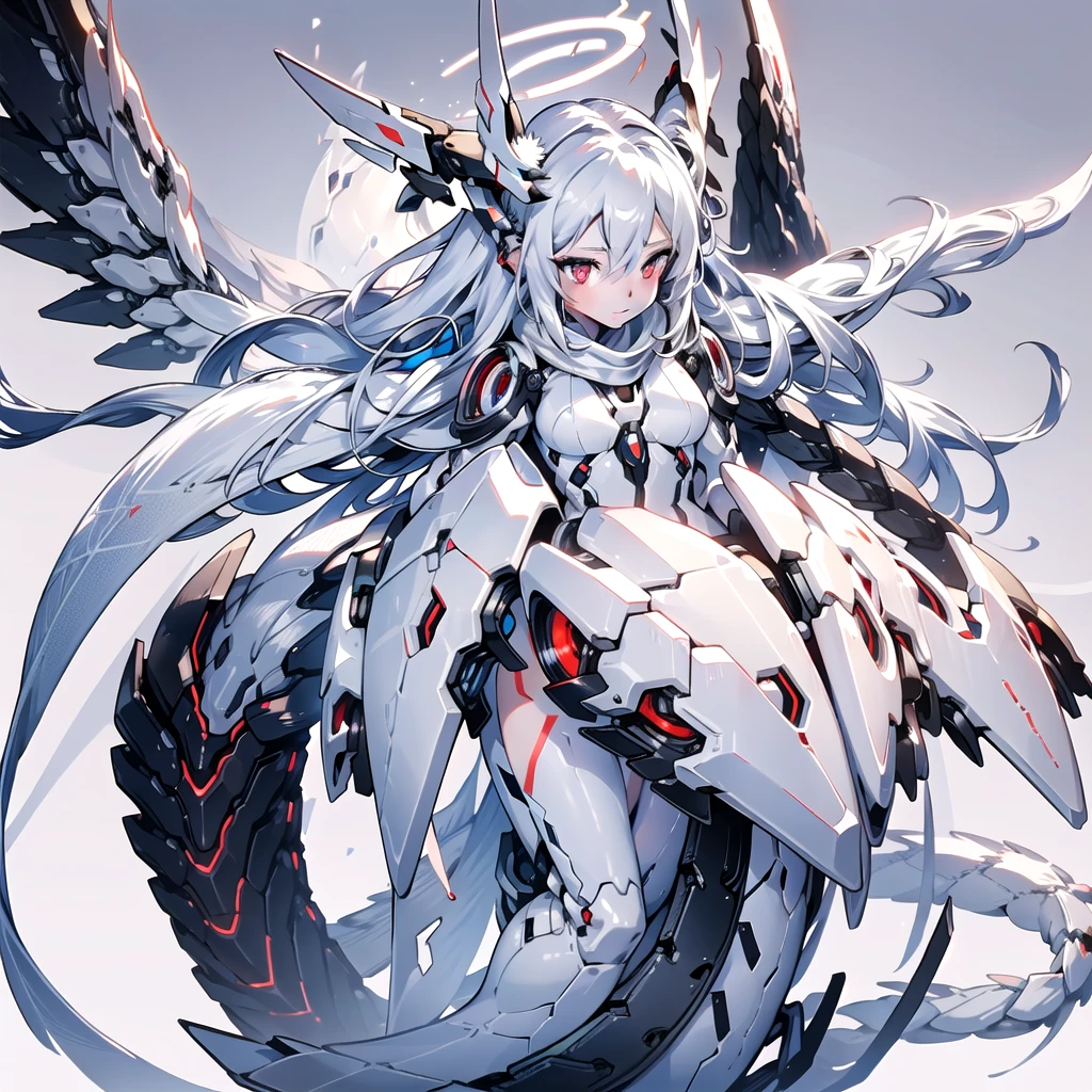 masterpiece, highest quality, highest resolution, clear_image, detailed details, White hair, long hair, cat ears, 1 girl, red eyes, sci-fi dress, white scarf (white scarf around the neck with a light blue glow), gray futuristic halo (gray halo over the head), white wings (6 wings), cute, full body, no water marks, snow, normal ears. white dragon