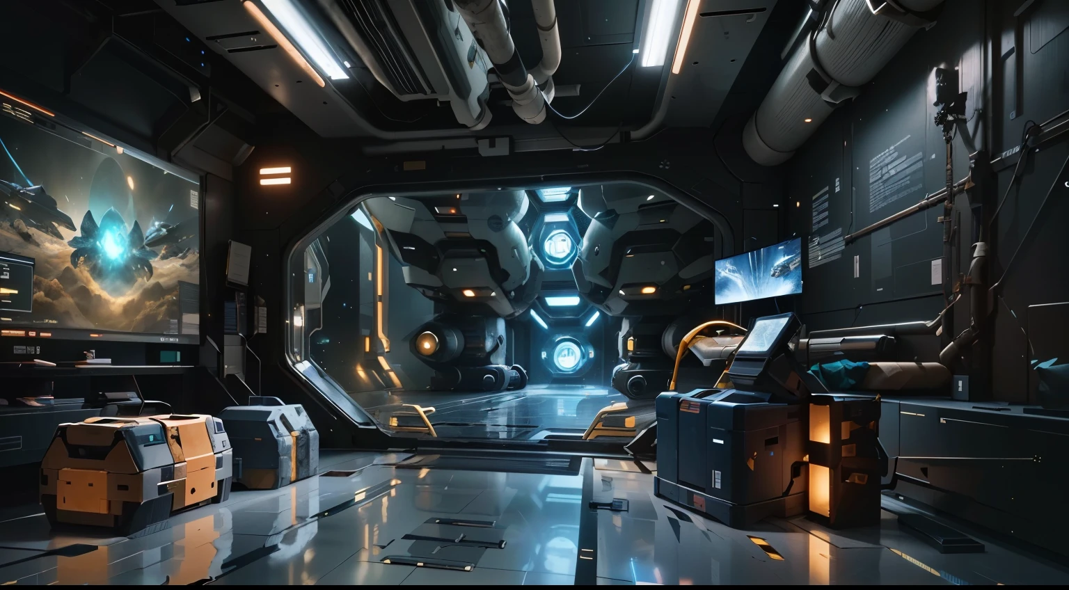 There is a room with many windows and a hacker code screen, Futuristic military base interior,There are several sealed boxes of bullets and weapons on the ground., Ultra-detailed concept art, Detailed 4K concept art, High quality concept art, Highly detailed concept art, Detailed spaceship interior, Original concept art, space station interior, Detailed SCI - FI Fund, Mass Effect concept art, - Inner Air, 概念艺术masterpiece((masterpiece)),(((Best quality))),(Epic dramatic moment),
