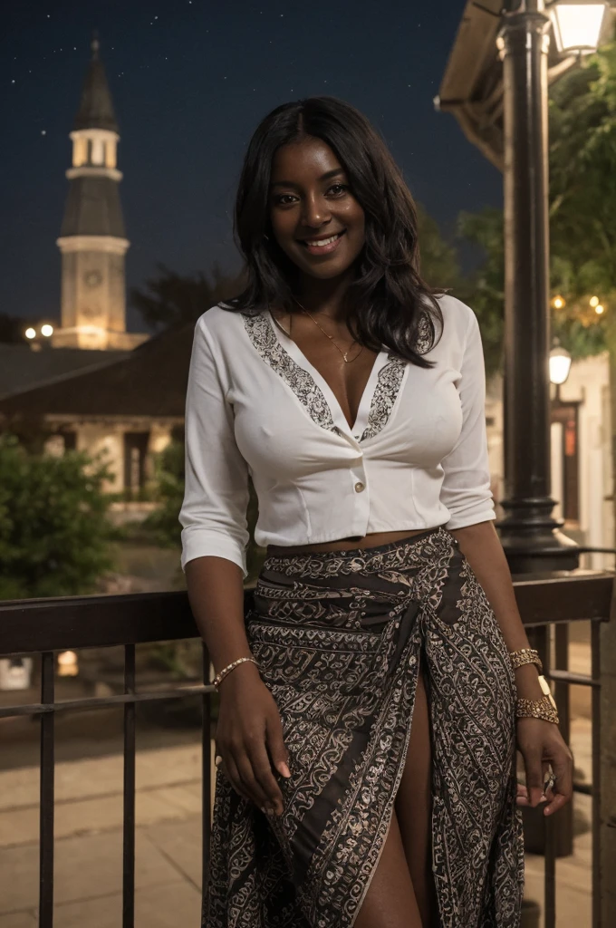 Asha, 1girl, solo, (((Ebony))), (((Dark skin))), (((SFW))), (((non-explicit))), 30 years old, (mature), wearing white printed blouse and Cardigans and Maxi Skirts, upper body shot, smiling, upper body and upper legs, medium long hair, outside Town Squares at night