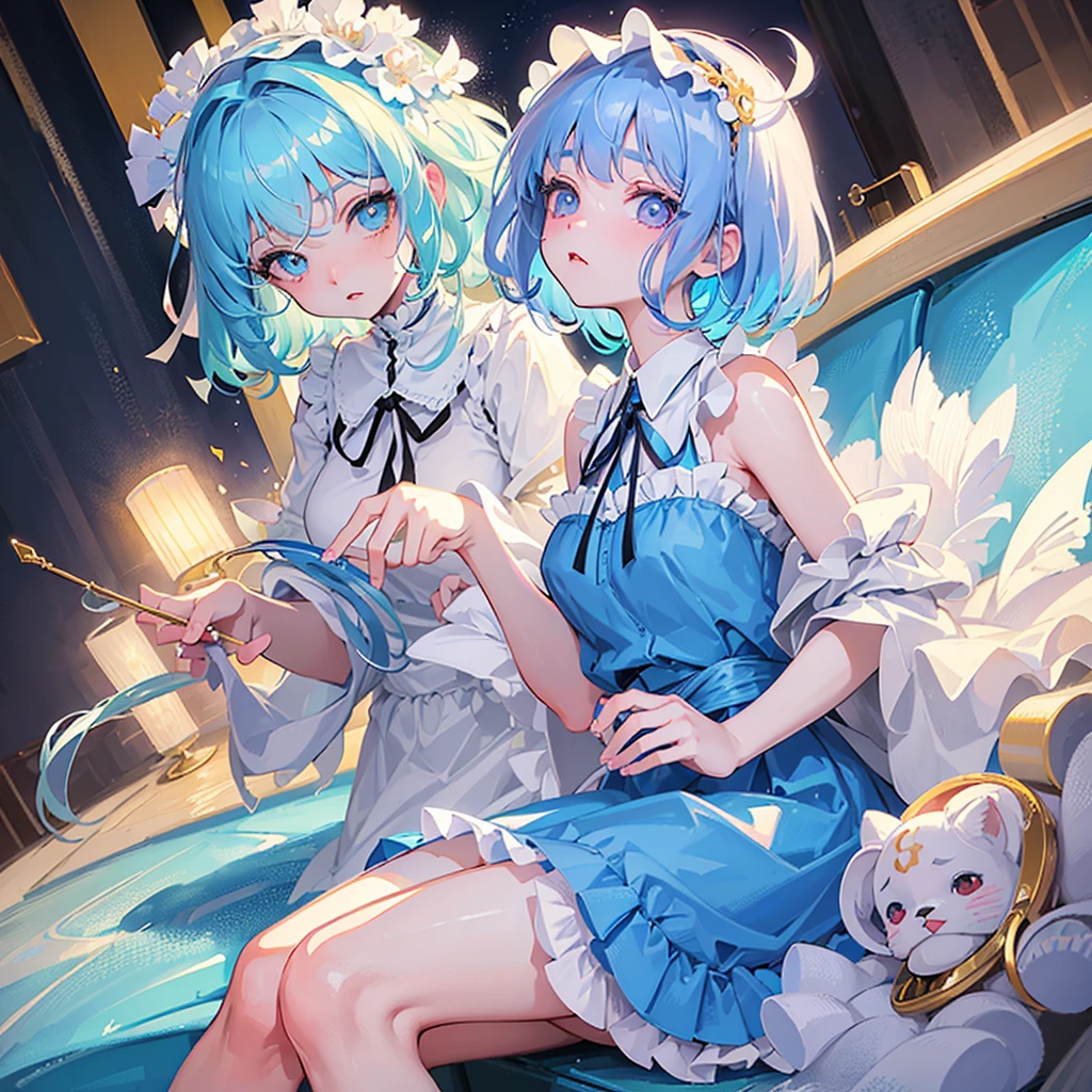 ((Highest quality)), ((masterpiece)), (detailed), Fine Lines, (Big eyes, Droopy eyes, Lower eyelid corners droop), (Light blue hair, Loosely wrapped, ), ribbon, Frills, Soft and fluffy, fluffy, Pastel feel, Sitting, Face close-up, One girl