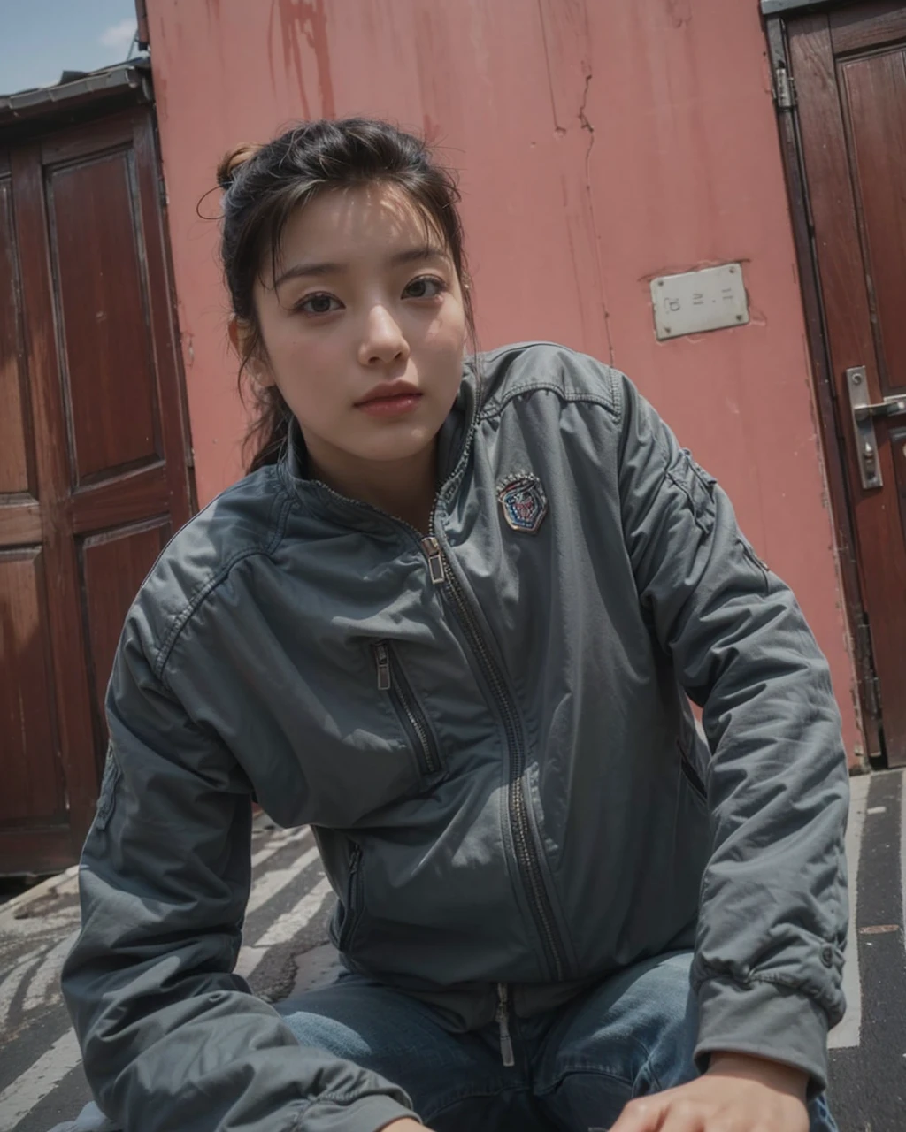 8K,RAW photogr,Best quality at best,tmasterpiece,(actual,Photorealistic:1.37),(looking at viewert:1.331),posing on a,street Tokyo,1个Giant Breast Girl,Moyou,