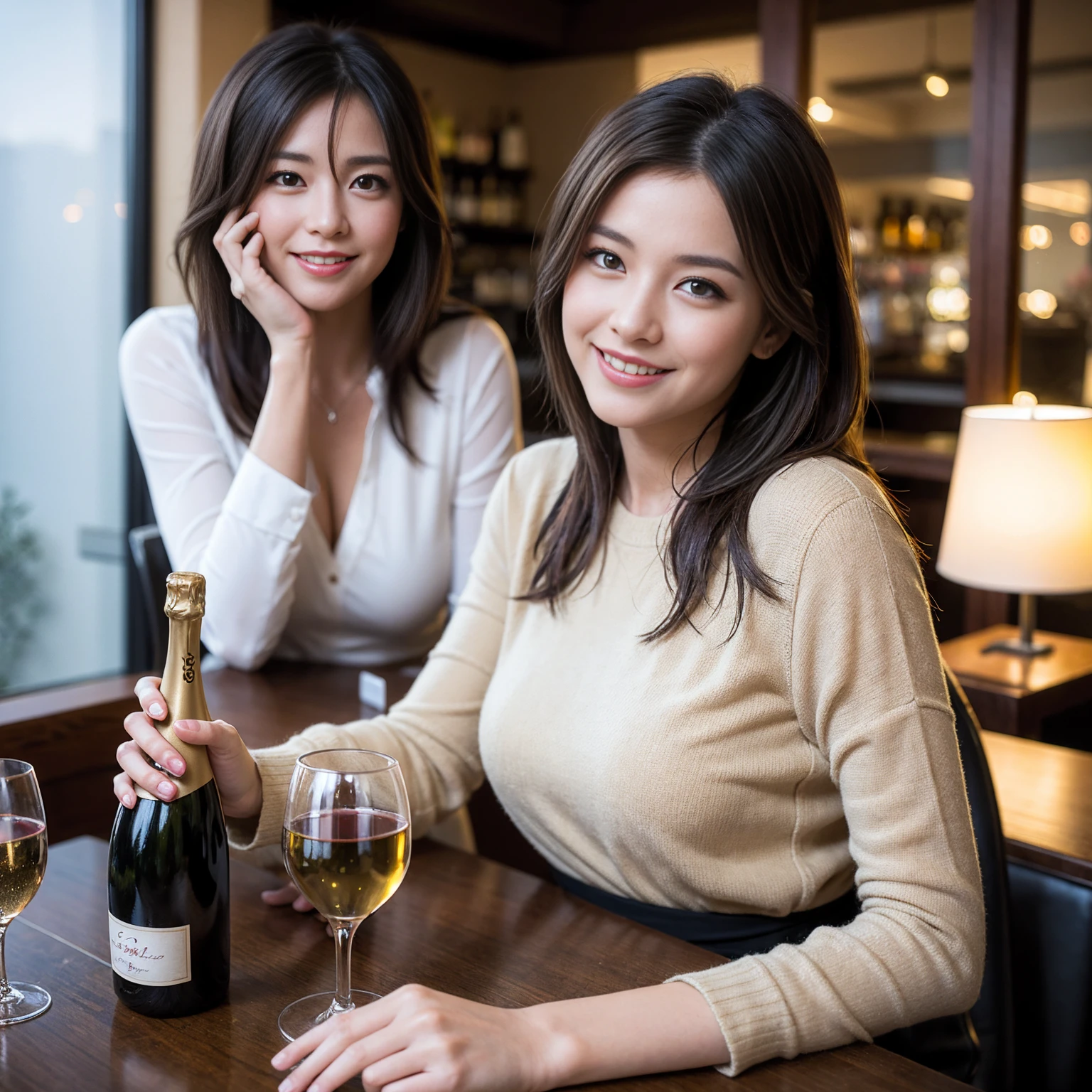 ((Highest quality、8K、masterpiece:1.3))、Yuuko Araki、slimカップル、Pink Lover、modelカップル、(Realistic, Intricate details:1.2), full-course dinner、Wine Party、Amazing view of the sunset sky and clouds、A bright smile、The wonderfulness of smile、Bright image、The beauty of wine, Beautiful Face, blue eyes, The light shines on your face, Blushing, short hair,Bright Face、42 years old), 39 years old, red wine 、Appetizers、Italian food、Wine bottle、Champagne、sparkling wine、Two beauties、Brown Hair、Shortcuts、Long sleeve shirt、dress、Beautiful woman 1, (slimな顔), (The body is slim), (Brown Hair), (Shortcuts), cheeks turn a little red,Attractive beauty、restaurant, In a prominent place (From the waist up) Nova Frog Style, actress, model, Upper Body, White wine, slim, wine glass, 中央に置かれたwine glass, smile, (smile: 1.15), Beautiful fine grain, Depth f/2,saturation, High Contrast, Strong light and shadow,Moist Body:1.5、3D texture、Delicate eyes、Brown Hair、The hair is very shiny、