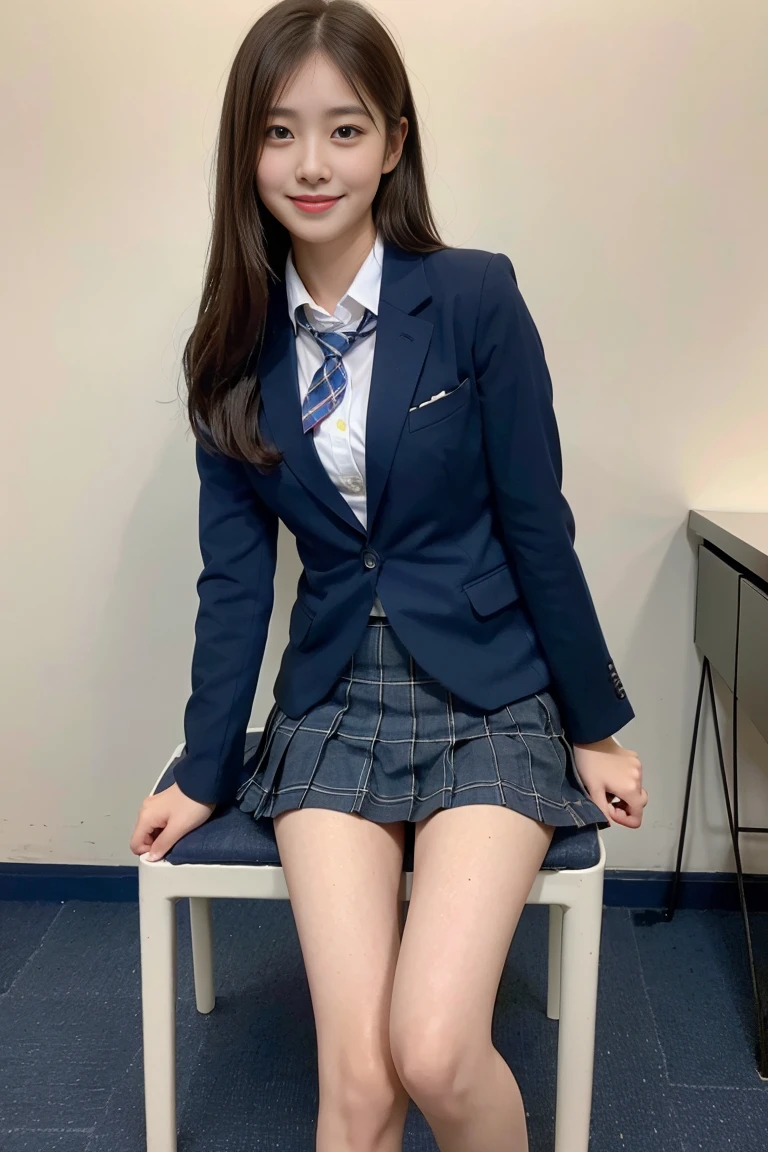 Professional, (4k photos:1.1) 、there is a woman in a suit and bow tie sitting on the floor, bent at the knees、Open your legs、Wear ultra-realistic pantyhose、Cute Schoolgirl,  Seifuku, a hyperrealistic schoolgirl, in a strict suit, Smile of shame、Japan school uniform, School Girl, dressed as schoolgirl, japanese girl school uniform, Girl in suit