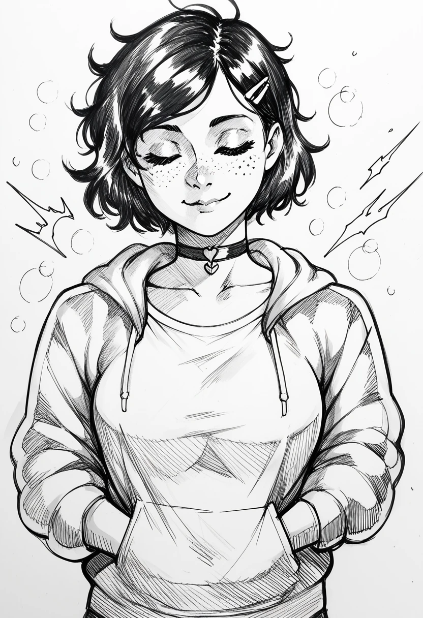 score_9, score_8_up, score_7_up, score_6_up, score_5_up, score_4_up, BREAK sketch, (Pencil_Sketch:1.2, messy lines, greyscale, traditional media, sketch), unfinished, hatching (texture), monochrome, 1girl, solo, woman,, 1girl, upper body, closed eyes, smile, closed eyes, closed mouth, white background, choker, Freckles, hairclip, jacket, hoodie, (dynamic angle),