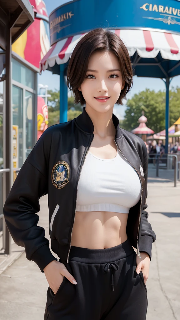 (Highest quality, High resolution, masterpiece :1.3), Tall and beautiful woman, Perfect body beauty, Abdominal muscles, chest(F Cup), (Dark brown short hair), Crop top with varsity jacket and sweatpants, Grin, At the amusement park, Exquisite expression of facial and skin texture details, Fine grain, double eyelid