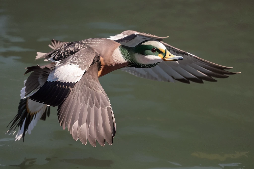 there is a bird that is Flying over the water, F / 2. 2, in Flight, F/3.2, F/5.6, F/2.8, F / 2. 8, green head, wild duck (green head鸭), Wandering, Wandering in the air, F/2.5, F / 2. 5