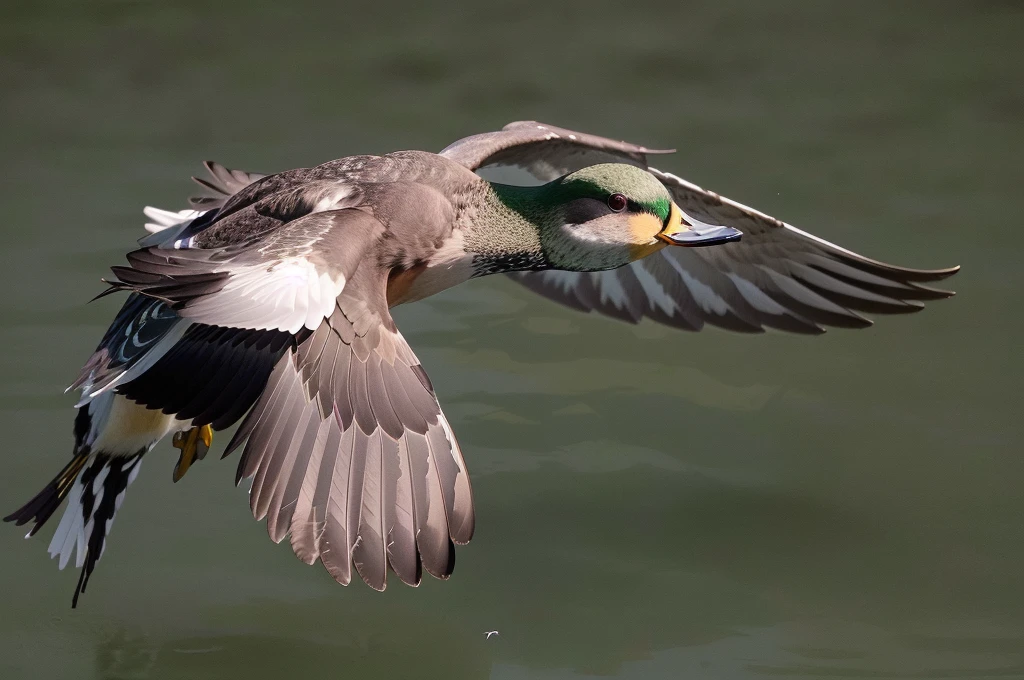 there is a bird that is Flying over the water, F / 2. 2, in Flight, F/3.2, F/5.6, F/2.8, F / 2. 8, green head, wild duck (green head鸭), Wandering, Wandering in the air, F/2.5, F / 2. 5