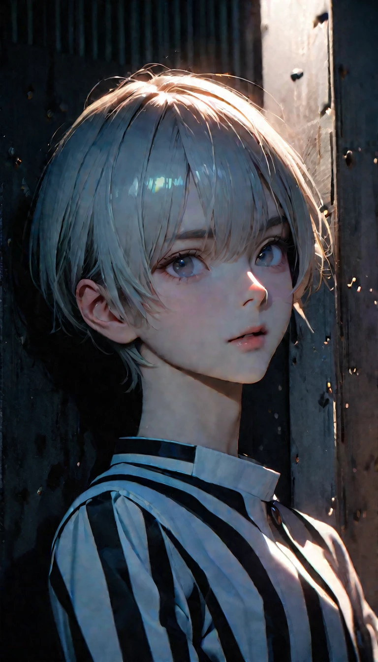 (8K, RAW photos, best quality, masterpiece: 1.4), (((The boy breathed a sigh of relief)))，Ultra-high resolution, Extremely detailed, Dim Lights, Upper body close-up, handsome boy, black eyes, (delicate eyes, Eyes are bright:1.2), Gray short hair, Fair skin,dark, Black and white striped prison uniform,Black and white striped prison pants,(perfect anatomy:1.2), High-quality shadows, Natural Lighting, (White highlights:1.2), night, cloudy day, (Dimly lit cells:1.2), (Metal walls all around:1.2)