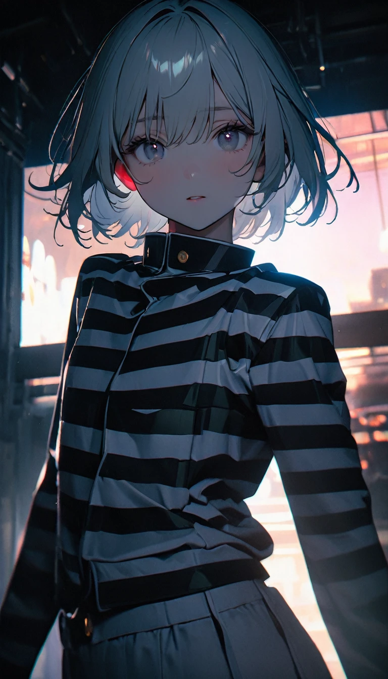 (8K, RAW photos, best quality, masterpiece: 1.4), (((The boy breathed a sigh of relief))),Ultra-high resolution, Extremely detailed, Dim Lights, Upper body close-up, handsome boy, black eyes, (delicate eyes, Eyes are bright:1.2), Gray short hair, Fair skin,dark, Black and white striped prison uniform,Black and white striped prison pants,(perfect anatomy:1.2), High-quality shadows, Natural Lighting, (White highlights:1.2), night, cloudy day, (Dimly lit cells:1.2), (Metal walls all around:1.2)