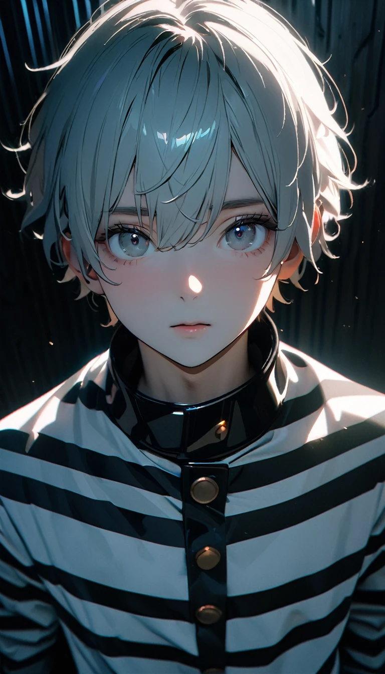 (8K, RAW photos, best quality, masterpiece: 1.4), (((The boy breathed a sigh of relief))),Ultra-high resolution, Extremely detailed, Dim Lights, Upper body close-up, handsome boy, black eyes, (delicate eyes, Eyes are bright:1.2), Gray short hair, Fair skin,dark, Black and white striped prison uniform,Black and white striped prison pants,(perfect anatomy:1.2), High-quality shadows, Natural Lighting, (White highlights:1.2), night, cloudy day, (Dimly lit cells:1.2), (Metal walls all around:1.2)