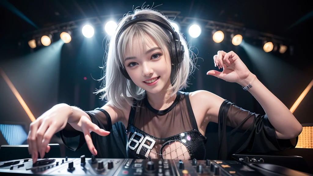 (ultra - detailed, 16K resolution, Cinema lenses, rendering by octane), (high resolution:1.18), intricate detail, (masterpiece:1.1), (highest quality:1.1), (1girl, portrait, white hair, blue eyes, short hair, detailed eyes),Wearing silver DJ headphones, Shiny silver sequined T-shirt, (Iconic hip-hop pop costumes:1.3), Smile while DJing on stage, full body shot of, The spotlight shines on the female DJ. Photorealistic photography by Disco Lighting, (cute round face:1.3), perfect fingers, five fingers, beautiful hands, perfect hands. master peace, cute smile.