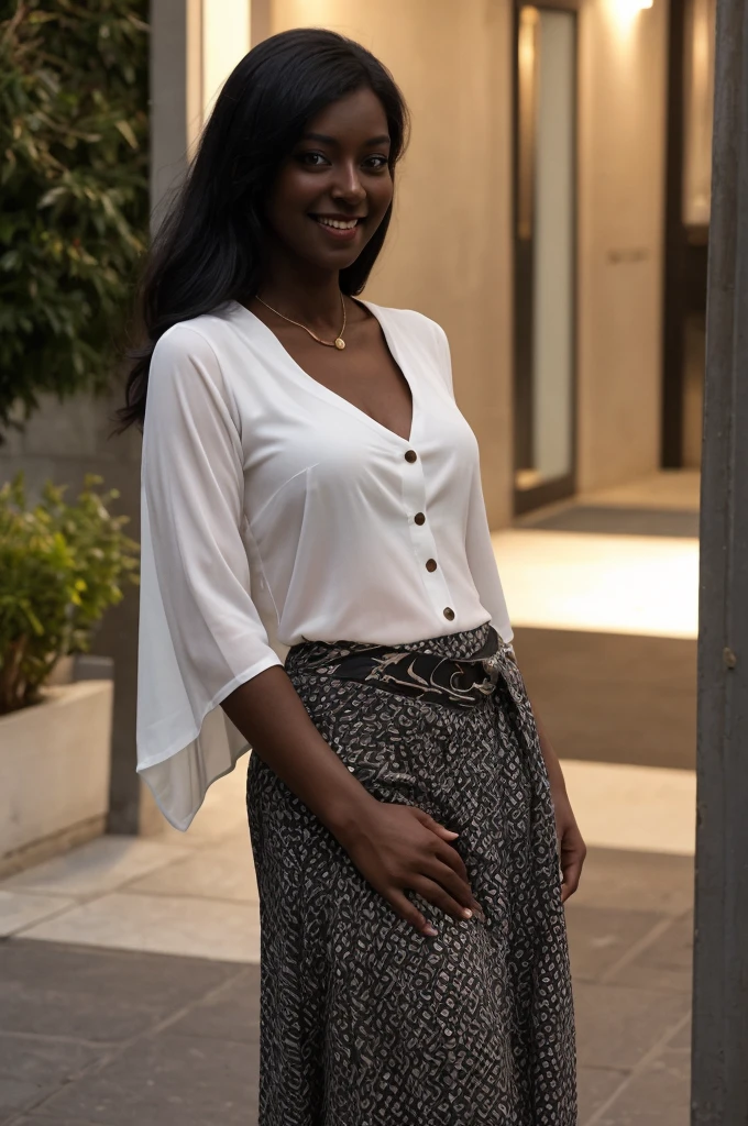 Asha, 1girl, solo, (((Ebony))), (((Dark skin))), (((SFW))), (((non-explicit))), 30 years old, (mature), wearing white printed blouse and Cardigans and Maxi Skirts, upper body shot, smiling, upper body and upper legs, medium long hair, outside Town Squares at night