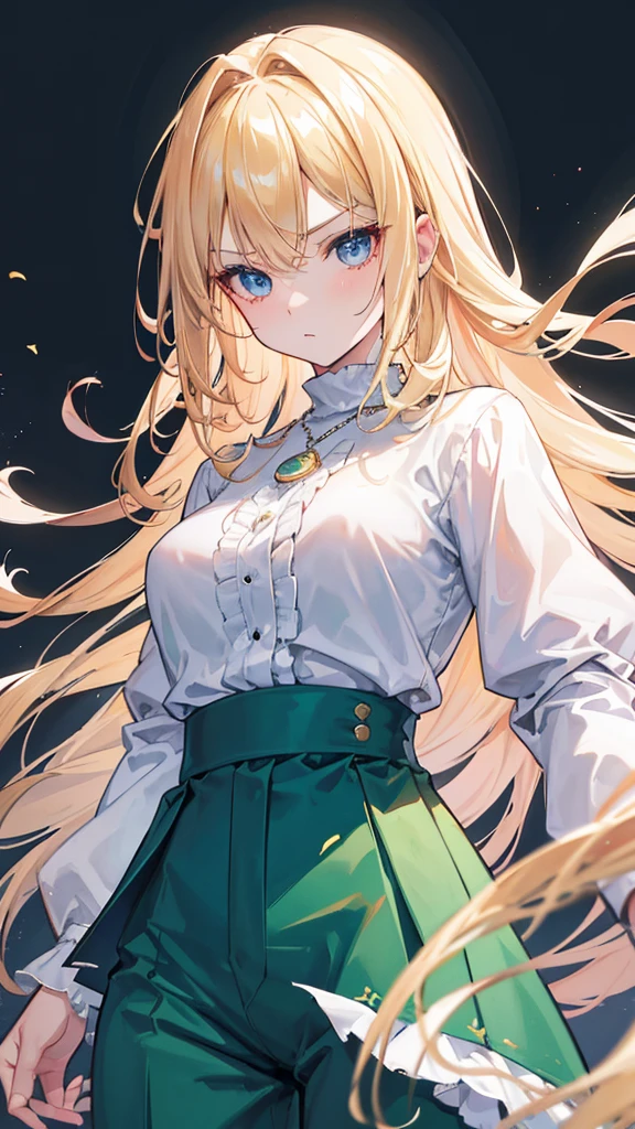 Blond hair, blue eyes, straight hair, forehead showing, combed back hair, hair band, rich, properly dressed, serious, necklace, high neck silk blouse, green blouse, high waisted trousers, high waisted pants, braclet, cashmere cardigan, blush, ultra-detailed, absurdres, unreal engine, masterpiece, best quality, beautiful eyes, volumetric lighting, silky_hair), best quality, ultra-detailed, solo, looking at viewer, highres, 8k wallpaper, extremely detailed, smooth lighting, 8k, depth of field, masterpiece, cinematic lighting,