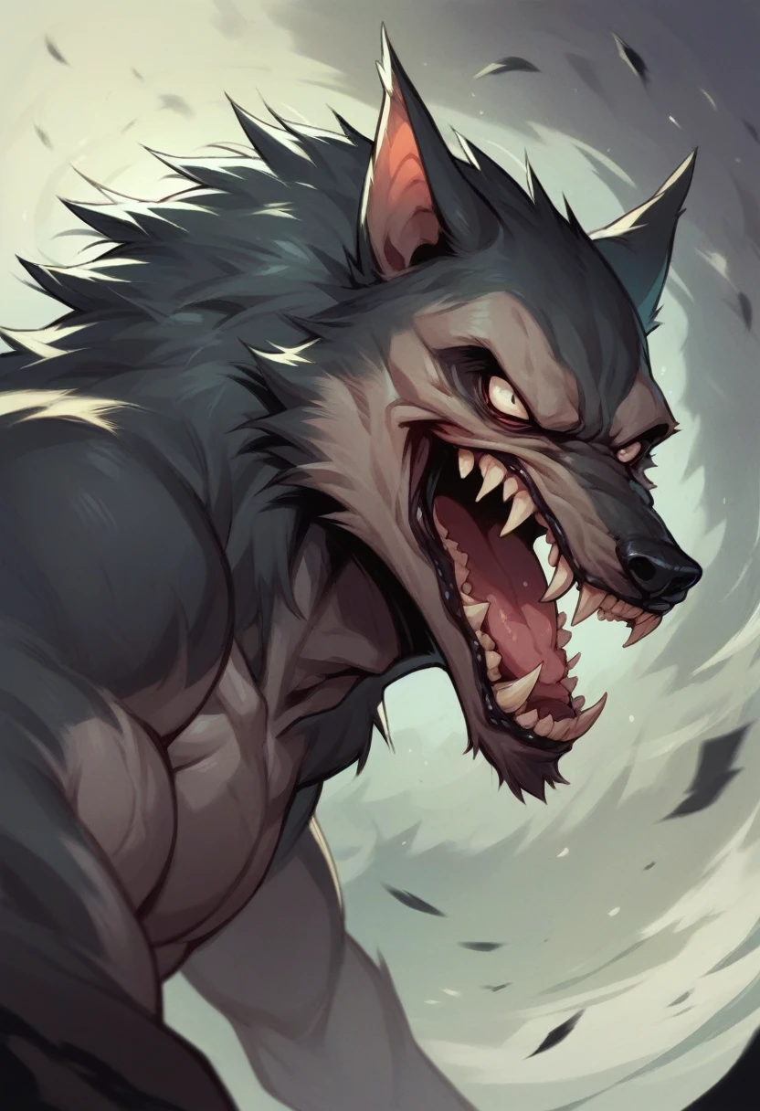 Create a portrait of Batman fights with werewolf in creepy night