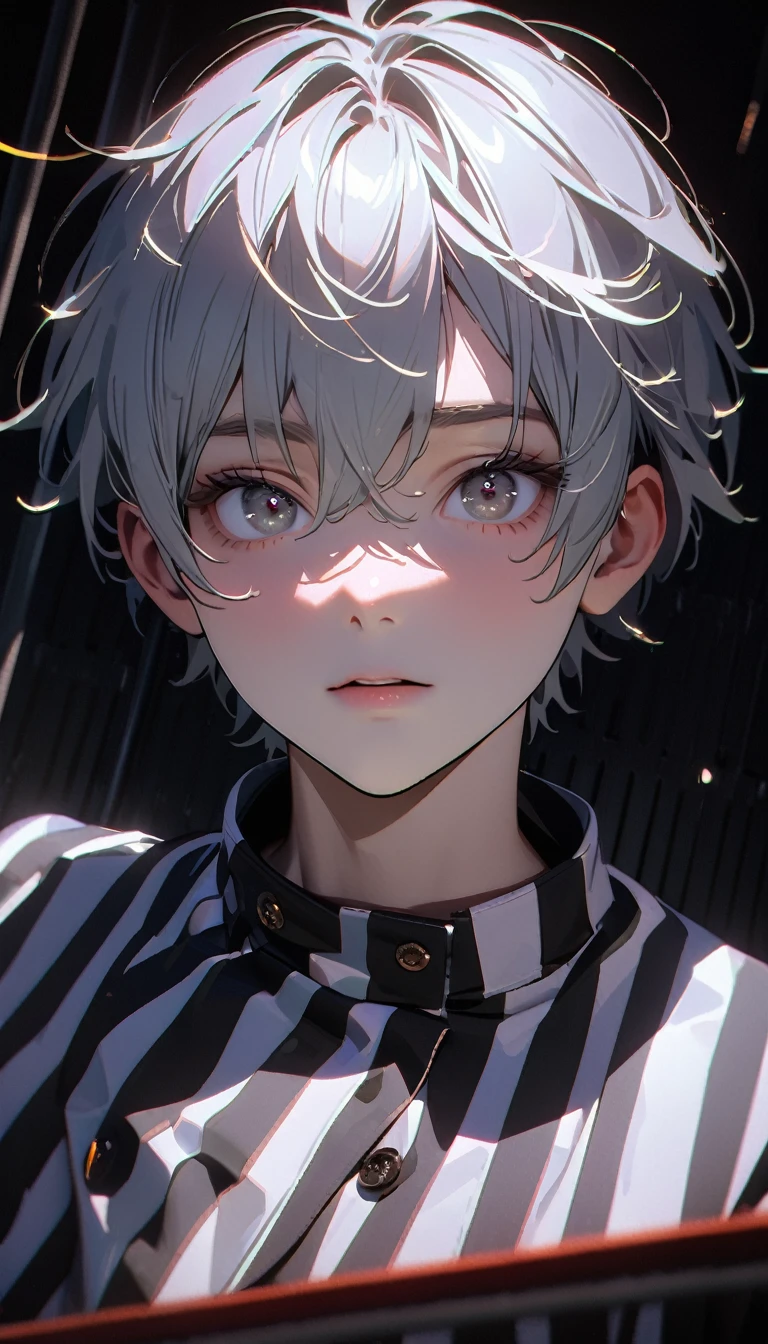 (8K, RAW photos, best quality, masterpiece: 1.4), (((The boy breathed a sigh of relief)))，Ultra-high resolution, Extremely detailed, Dim Lights, Upper body close-up, handsome boy, black eyes, (delicate eyes, Eyes are bright:1.2), Gray short hair, Fair skin,dark, Black and white striped prison uniform,Black and white striped prison pants,(perfect anatomy:1.2), High-quality shadows, Natural Lighting, (White highlights:1.2), night, cloudy day, (Dimly lit cells:1.2), (Metal walls all around:1.2)