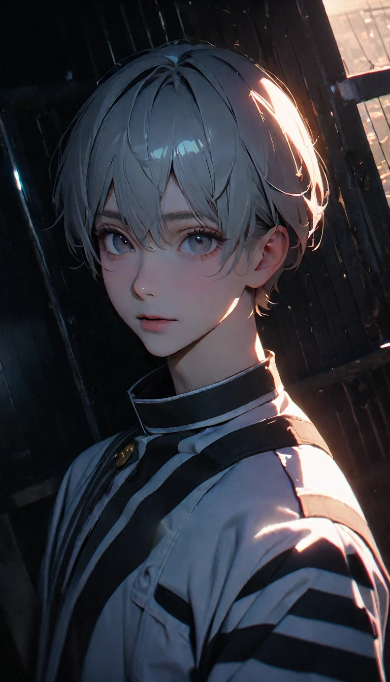 (8K, RAW photos, best quality, masterpiece: 1.4), (((The boy breathed a sigh of relief))),Ultra-high resolution, Extremely detailed, Dim Lights, Upper body close-up, handsome boy, black eyes, (delicate eyes, Eyes are bright:1.2), Gray short hair, Fair skin,dark, Black and white striped prison uniform,Black and white striped prison pants,(perfect anatomy:1.2), High-quality shadows, Natural Lighting, (White highlights:1.2), night, cloudy day, (Dimly lit cells:1.2), (Metal walls all around:1.2)