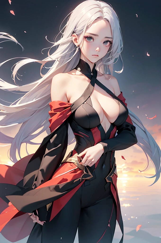 (Image from chest up:1.4)((masterpiece:1.5,Highest quality,Beautiful images、Realistic、2.5D、Artistic、Portraiture))(1girl, 独奏)(medium breasts, Silver Hair、long hair、Beautiful cleavage、sideboob、Exposing shoulders、Tattoo on shoulder)(横顔のPortraiture,Gaze sideways、Gaze diagonally、Shake your head、A sad expression, floating hair)(Monotone Abstract Background)((from diagonally forward:1.3)),Landscape,((outfit-inori,Monotone costumes))
