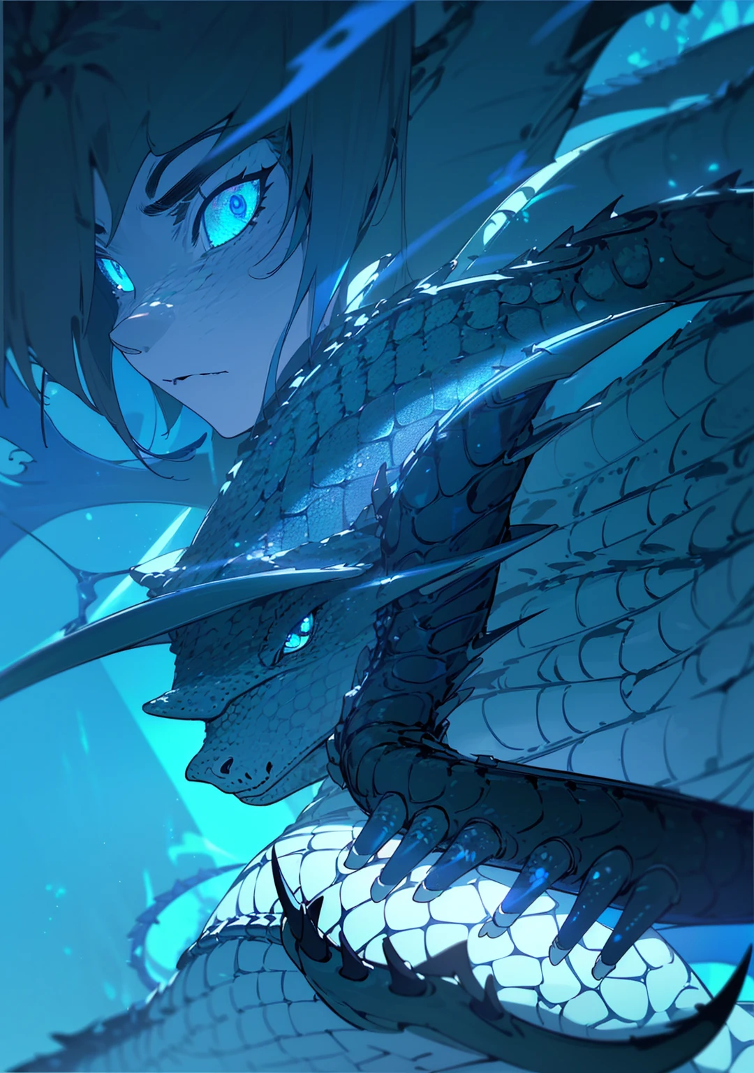 {masterpiece, distinct_image, extremely detailed CG, (extremely detailed fine touch:1.2), (natural light, blue_light, light rays, dappled light, ray tracing:1.2), detailed face, black ghastly dragon on Glacier, animation style dragon, photo realistic, 4k, 8k, high_resolution, glitter, blue_light, (glow_blue_face, front_light:1.3),{1dragon, face_focus, looking for_in_viewer, front view},{dragon, huge body, (Black Smoke Dragon Horn, black dragon scales, blue glowing dragon eyes, wings of blue flame, black dragon tail,Blue glowing dragon's claws:1.7), winter polar background}