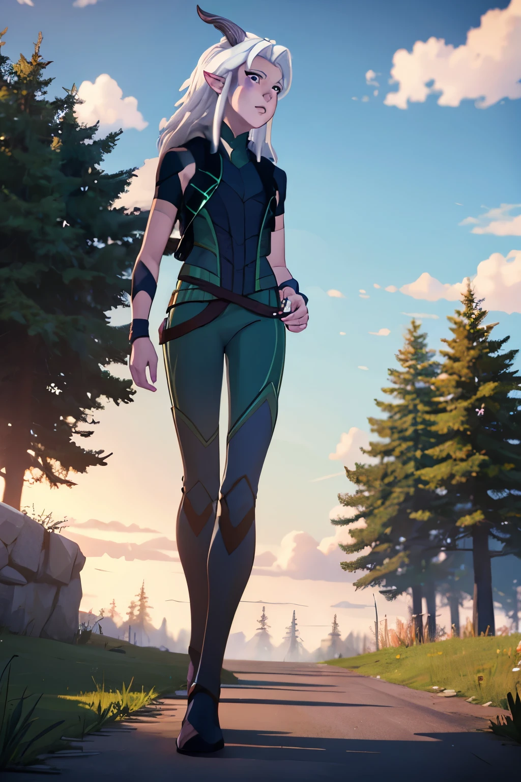 rayla, rayla, long hair, white hair, horns, pointy ears, (purple eyes:1.1), BREAK BREAK outdoors, nature, forest, cloud, sky, sun, day, BREAK looking at viewer, ( best quality, high resolution, unity 8k full body take off all his clothes
