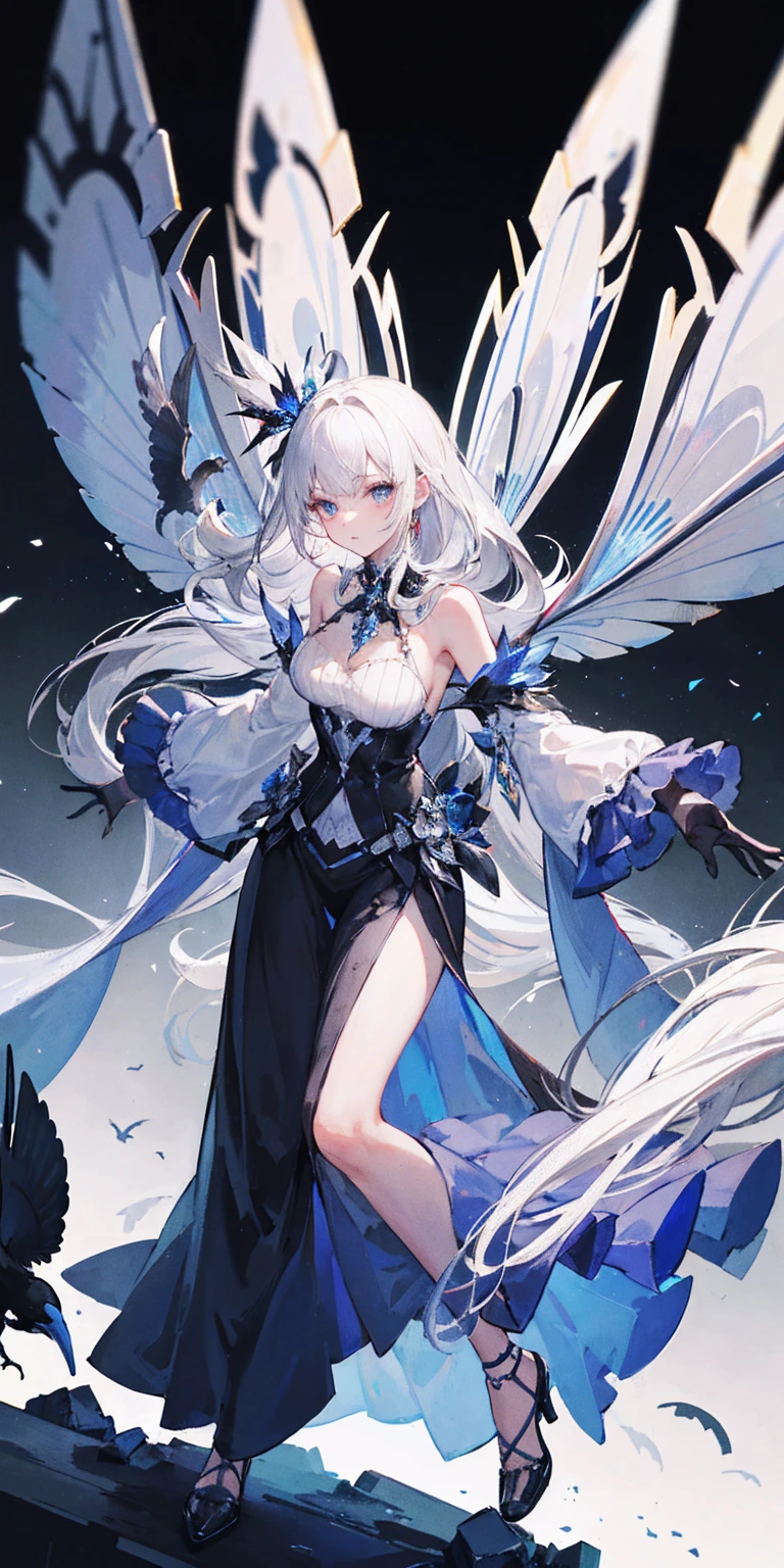 Big Perspective，Wide Angle，Impactful graphics，floating，sideways，Character Close-up，4K，masterpiece，best quality，ruins，(Transparent skirt，black background)，Clear，master，Various actions，Full body portrait,portrait,1 female, (Mature)，Long face，Pointed face，White long hair，Fairy，gemstone crow，Wings Dress,  Mecha,Fairy air，ribbon， diamond, Bare shoulders, crow, Looking at the audience, in the sky, fLight, Vibrant colors, Light, masterpiece, best quality, flight，Mature，asymmetrical clothes，HighLights，Long skirt，Own，Personal Photography