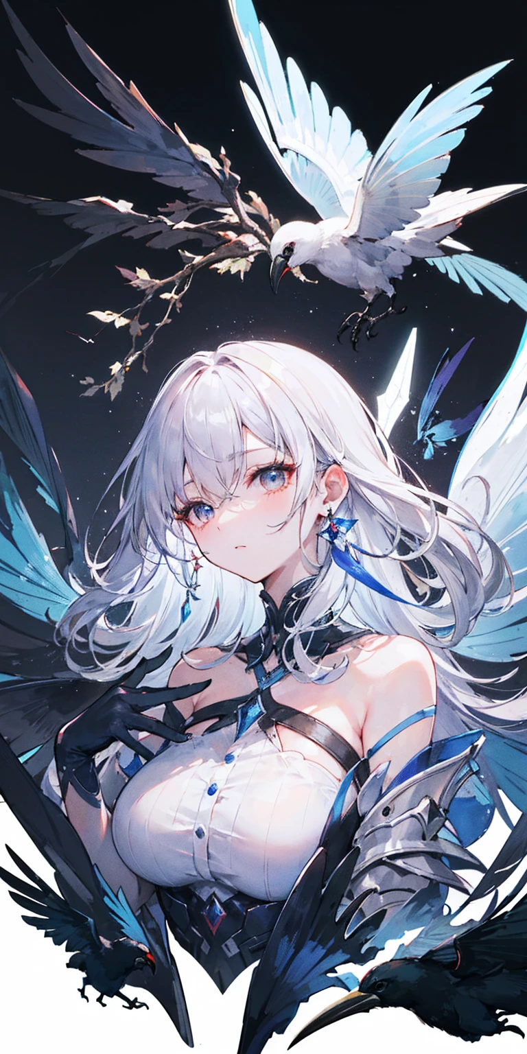 Big Perspective，Wide Angle，Impactful graphics，floating，sideways，Character Close-up，4K，masterpiece，best quality，ruins，(Transparent skirt，black background)，Clear，master，Various actions，Full body portrait,portrait,1 female, (Mature)，Long face，Pointed face，White long hair，Fairy，gemstone crow，Wings Dress,  Mecha,Fairy air，ribbon， diamond, Bare shoulders, crow, Looking at the audience, in the sky, fLight, Vibrant colors, Light, masterpiece, best quality, flight，Mature，asymmetrical clothes，HighLights，Long skirt，Own，Personal Photography