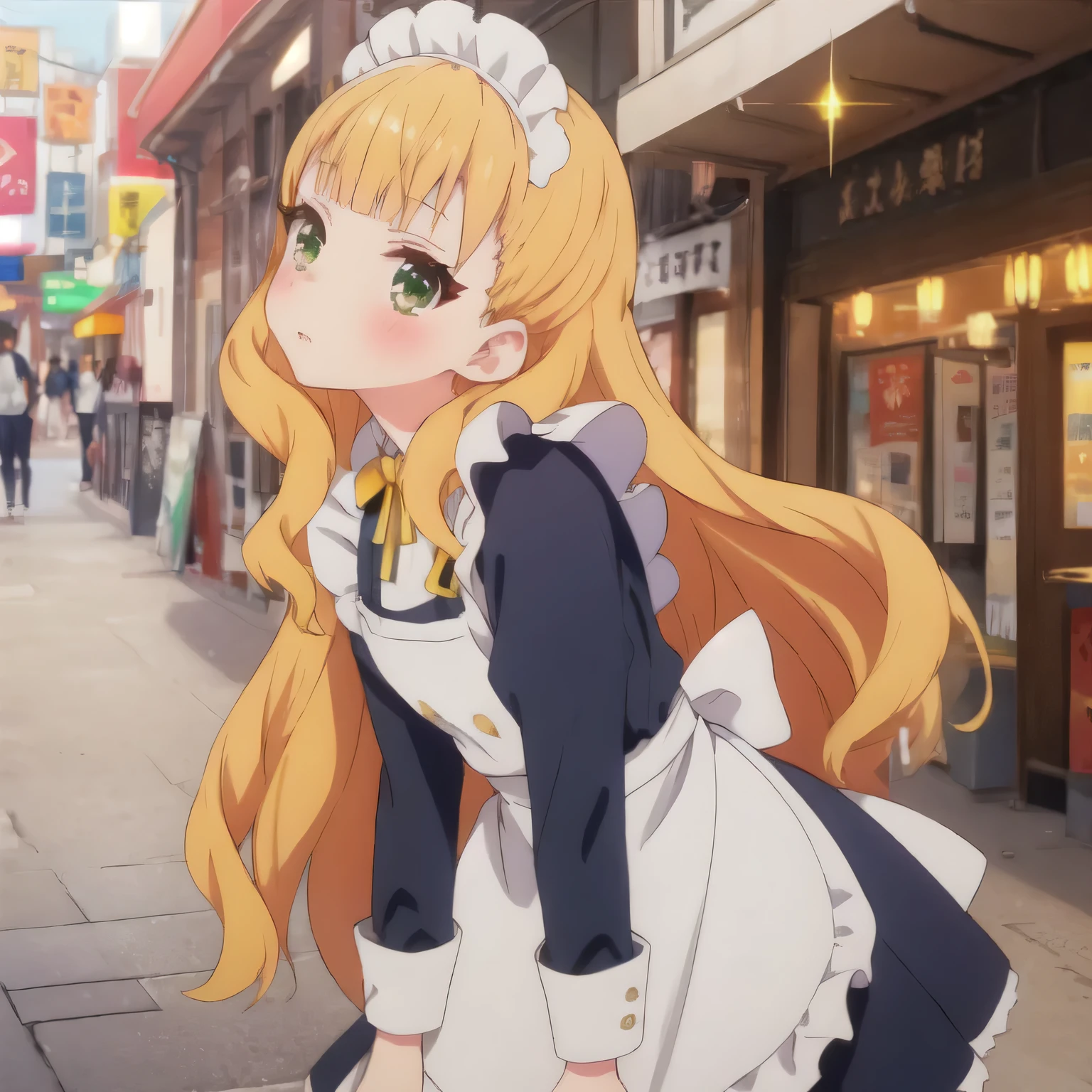 Kathryna Wes, Highest quality, (masterpiece:1.2), Very detailed, (masterpiece), (illustrati○n), (顔 f○cus:1.2), One girl,１By people、Sparkle, Lens flare,Active, looking up、Speed、close、,leaning forward, blush, (View your viewers),Yellow ribbon、Yellow Hair、Cafe、Maid clothes、apron、whole body、blush、slender,shine