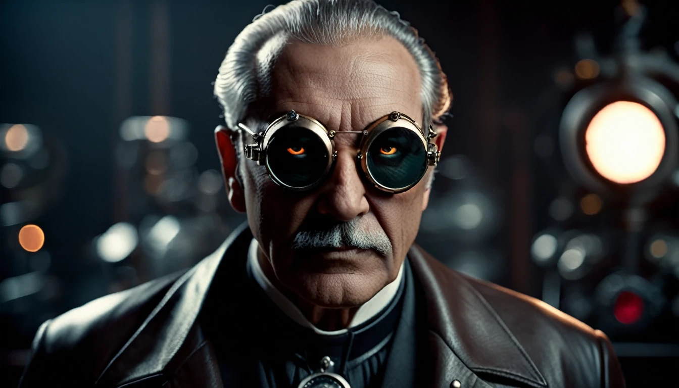 cinematic film still old evil scientist,Man, Cyberpunk, masque, angry eyes, dark science laboratory, steampunk sunglasses, dark atmosphere, homoncule . shallow depth of field, vignette, very detailed, high budget, bokeh, cinemascope, moody, epic, Gorgeous, film grain, granular