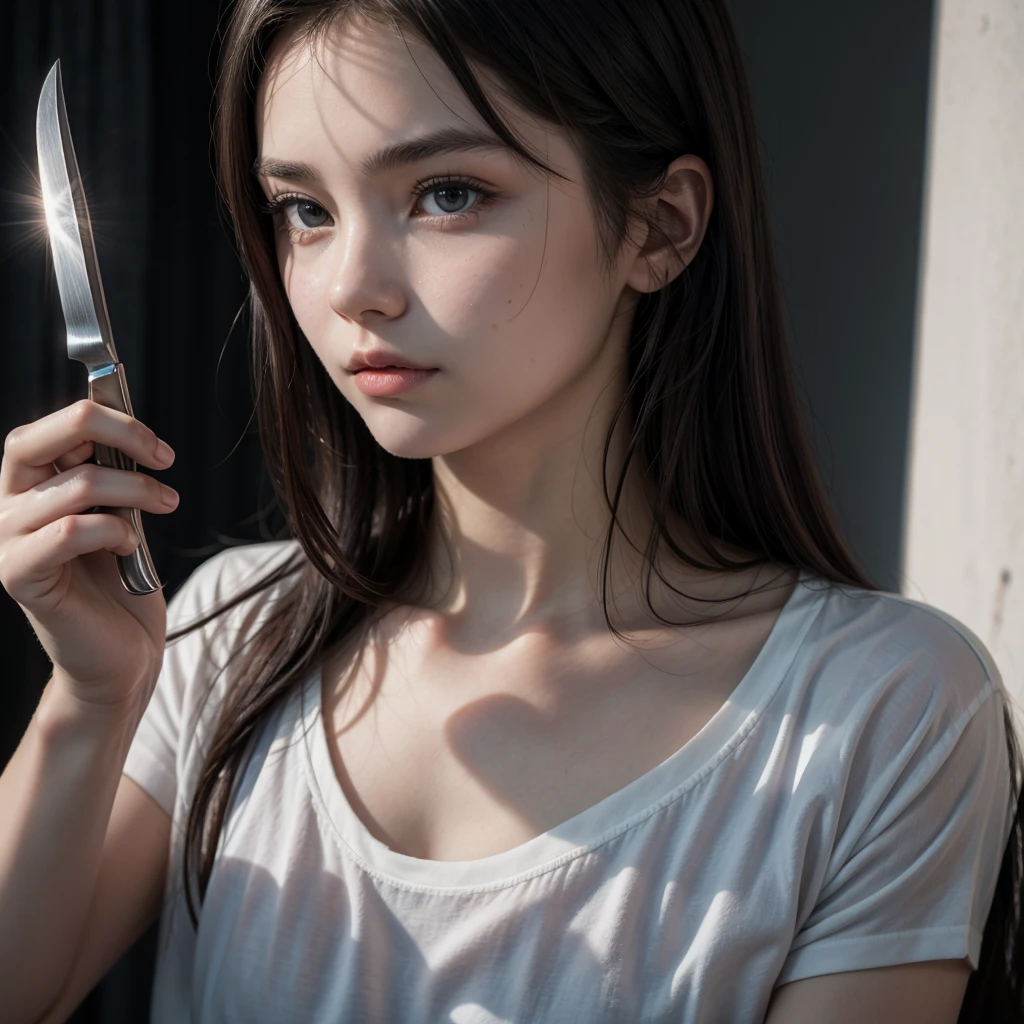 young woman, with a knife in her hand, looking at the camera