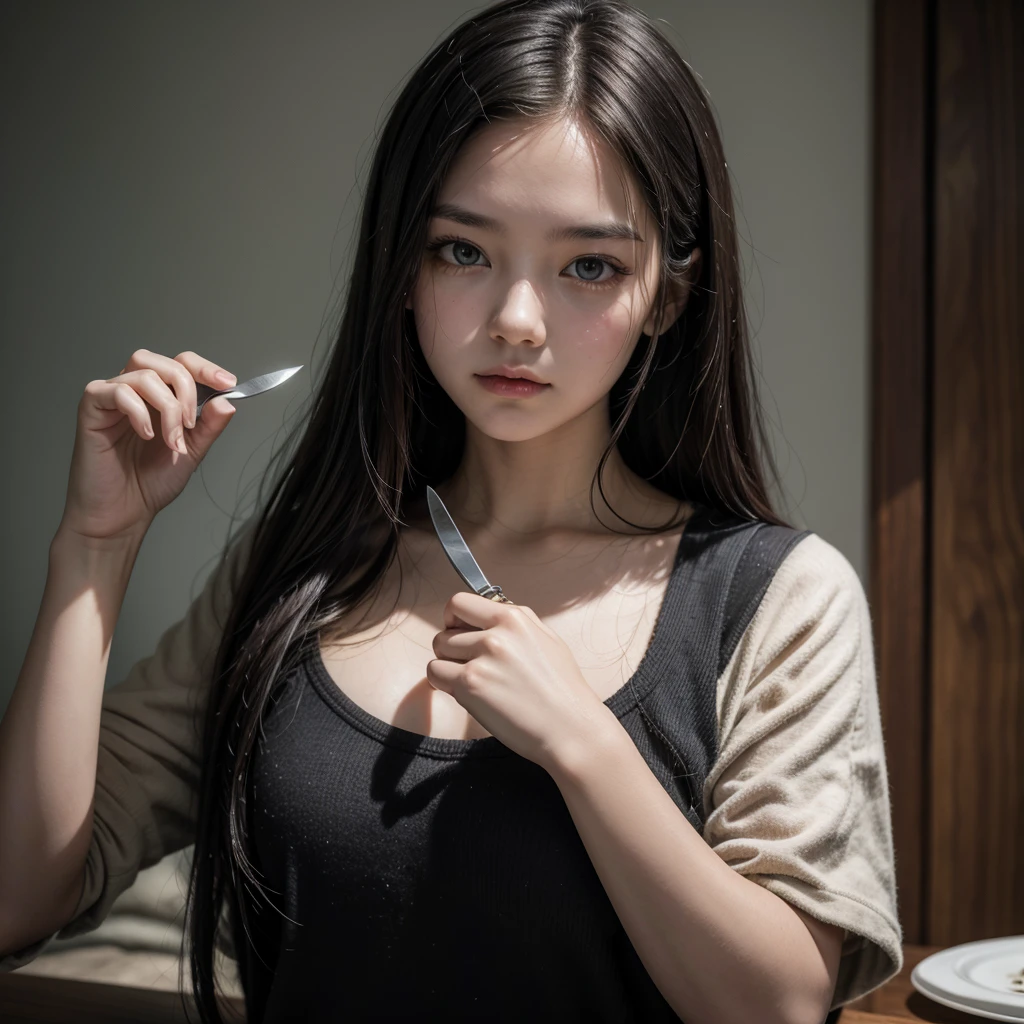 young woman, with a knife in her hand, looking at the camera