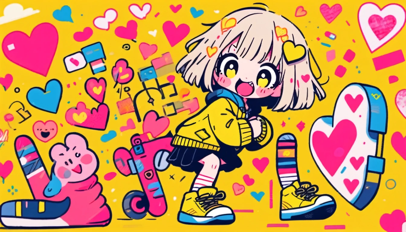 Masterpiece, top quality, Cute doodle, one girl, heart, shoes, yellow hair, bob cut, hair ornament, open mouth, solo, long sleeves, yellow eyes, smile, skirt, yellow background, jacket, socks, short hair, bangs, sneakers, blush