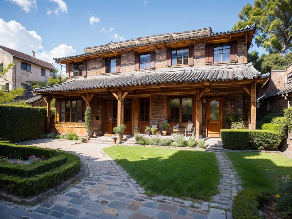 (((Masterpiece))), (high quality),(Small Western-style building,One-storey,Cobblestone garden:1.5),(There is no one here:1.2),(Long Shot,Photograph the entire Western-style building:1.5)