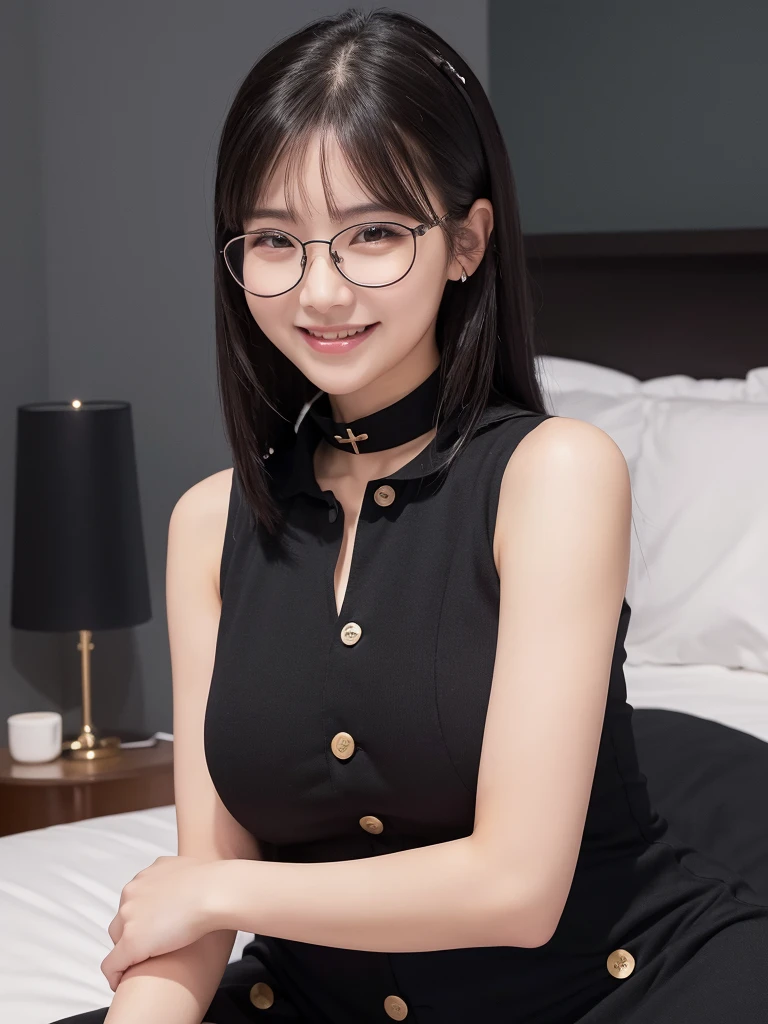 (masterpiece:1.3)、(Highest quality:1.3)、(8K:1.3)、(Very detailed:1.3)、(Realistic:1.3)、Realistic、View your viewers、Black Hair、Simple Background、(smile)、Big Breasts、whole body、One-piece dress with buttons and collar、See-through and sleeveless、Glasses、Bedroom、Plain face