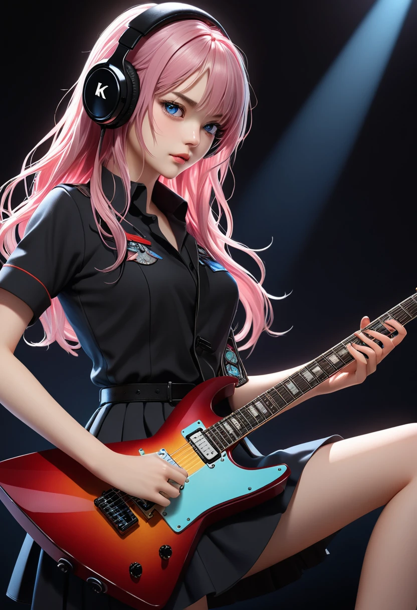 1girl, ((Movie Light)) Colorful, super detailed. incredible light complicated details Best quality (8k uniform CG wallpapers, very detailed, masterpieces, best quality Awesome details Best shadow) (Background detail: 1.4) (Beautifully detailed face Eyes with beautiful details) High contrast (best lighting Extremely delicate beauty) (Girl: 1.5) Solo, black dress, blue eyes, electric guitar, guitar, headphones, holding, holding a pick, musical instrument, long hair, music, upturned pink hair, playing the guitar Pleated skirt, black shirt, interior ((corrosive)), dynamic angles, beautiful details that shine, full body, jeans lenses,(((black background)))
