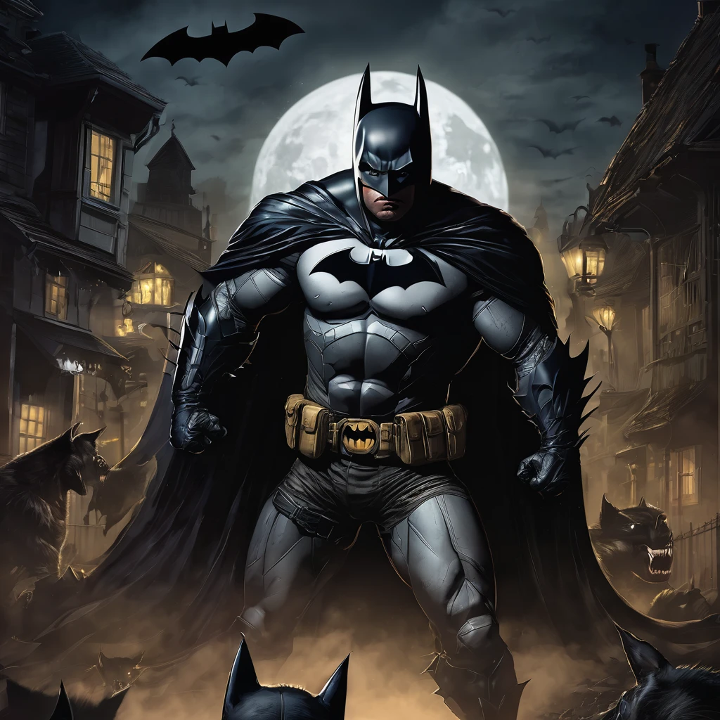Create a portrait of Batman fights with werewolf in creepy night