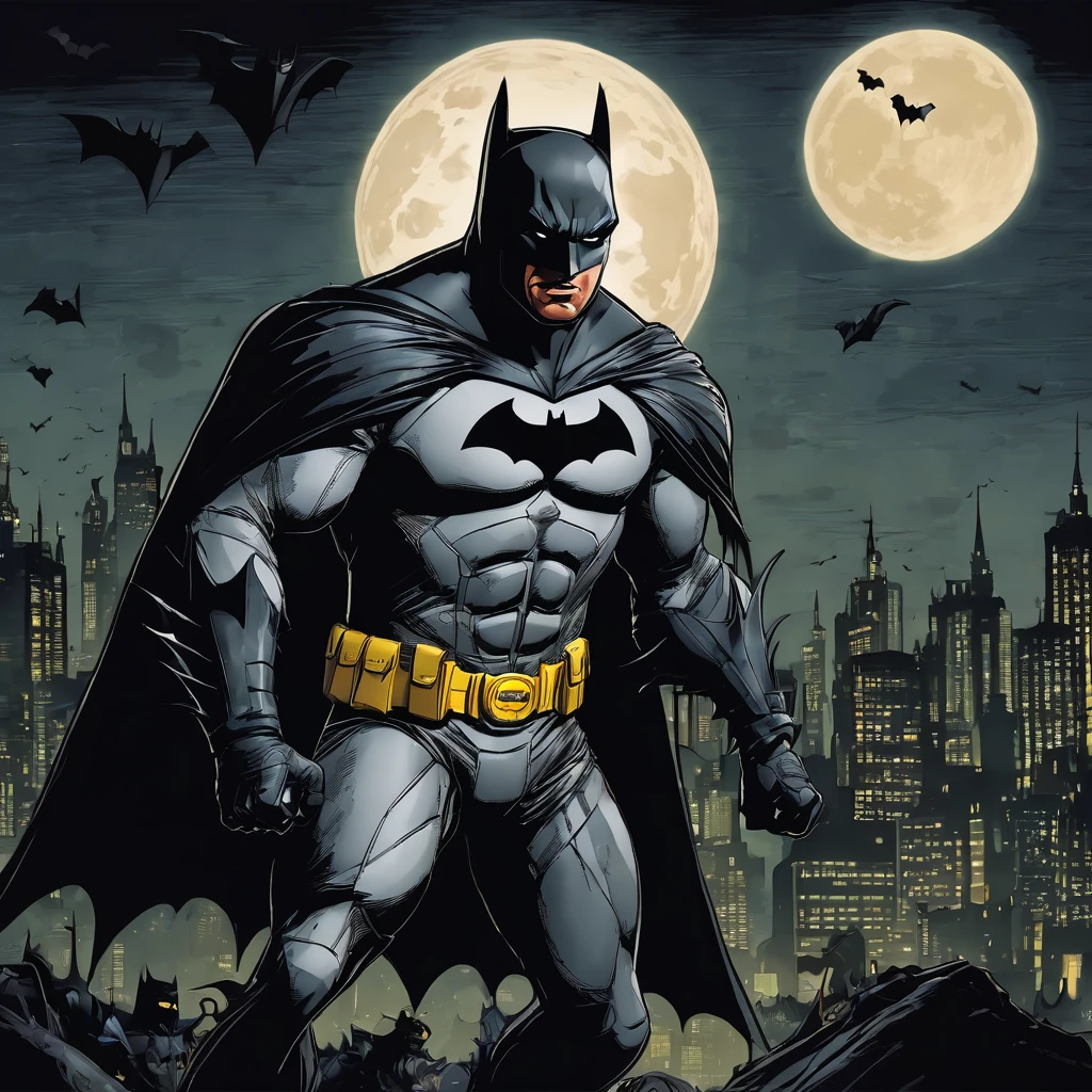 Create a portrait of Batman fights with werewolf in creepy night 