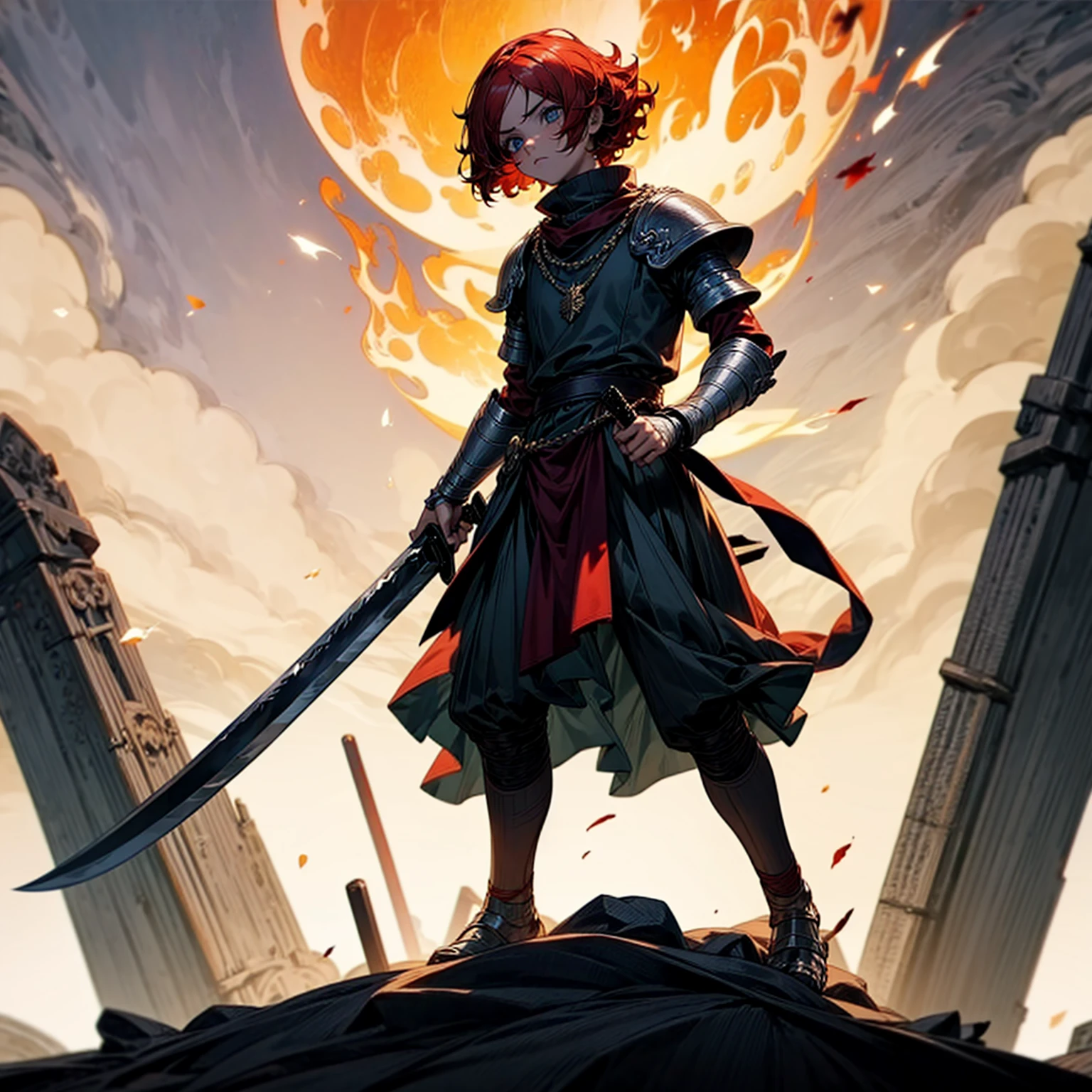 1boy, Full body version, 1character, blue eyes color, sad eyes, eyeliner, native skin, classic Curly haircut, big eyes type, red colour hair, Ancient greek clothing style, armor body type templar knight, black color clothing, necklaces, bandage on hand, machete in hand, Grassroots background in field castle, motion blur, Full background, night, moonlight behind, moonlight silhouette, explosion, fire, fire background, blood on face, fiery machete, fiery machete in hand,