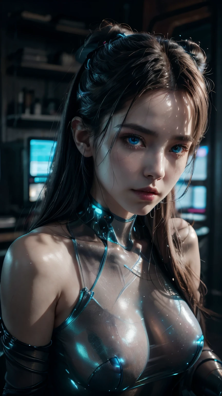 8K,(looking at camera)， master's work, complete figure, focusing on calves, 18 years old, wearing transparent science fiction clothes, exquisite faces, details, hands, ultimate details, amazing magnificent, LED internal lighting, Cyberpunk style, fiber fiber hair , Glowing blue iris,