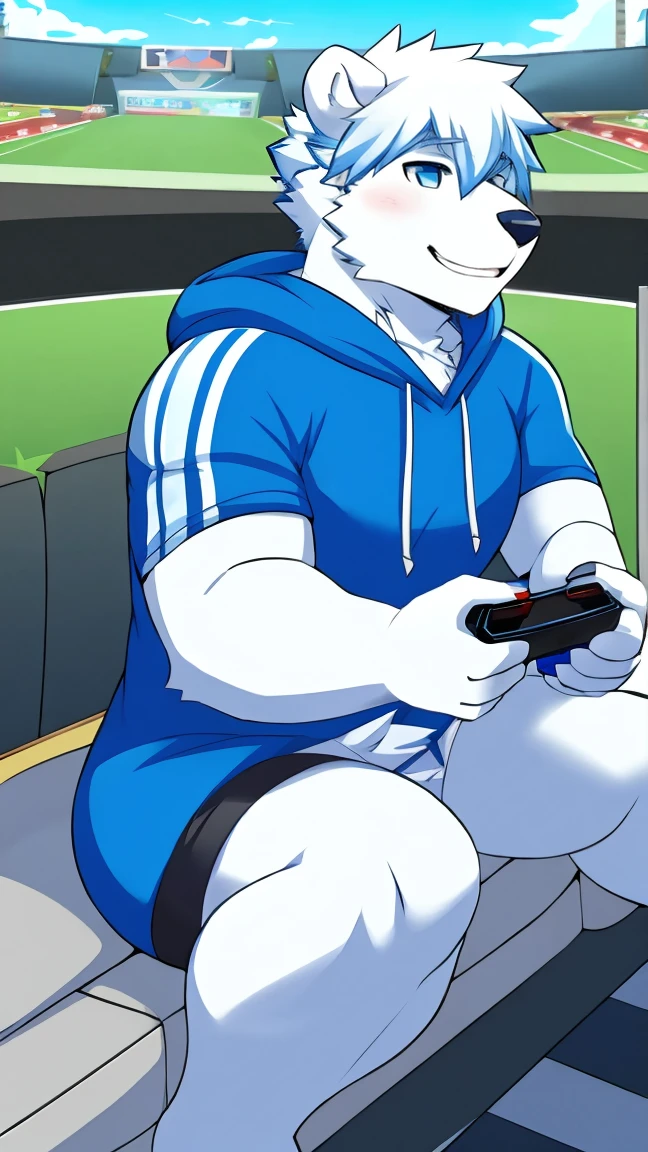 polar bear,Game master,otaku,Blue-white hair,In front of the game console,Blue hoodie