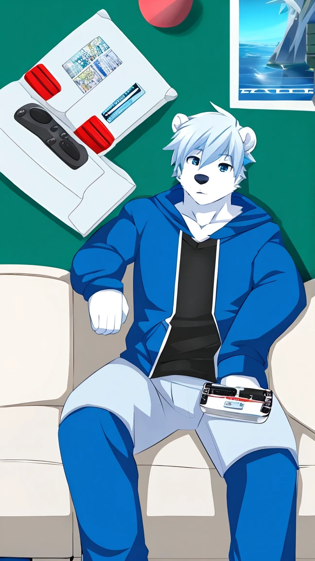polar bear，Game master，otaku，Blue-white hair，In front of the game console，Blue hoodie