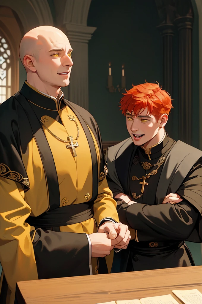 (masterpiece, highest quality), 2 characters one is a young man with yellow eyes and red hair and wearing a noble clothing and the second character is a older man with no hair and is heavily fat and is wearing a priest uniform and the two men are talking and laughing to each other, close up view of both of them talking inside the castle hall