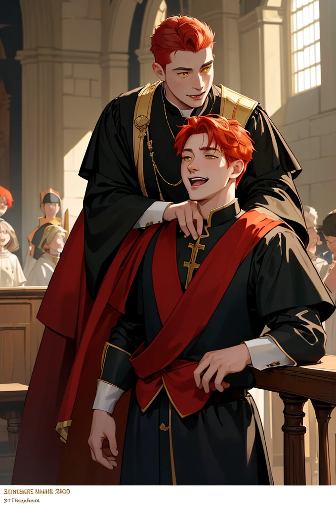 (masterpiece, highest quality), 2 characters one is a young man with yellow eyes and red hair and wearing a noble clothing and the second character is a older man with no hair and is heavily fat and is wearing a priest uniform and the two men are talking and laughing to each other, close up view of both of them talking inside the castle hall