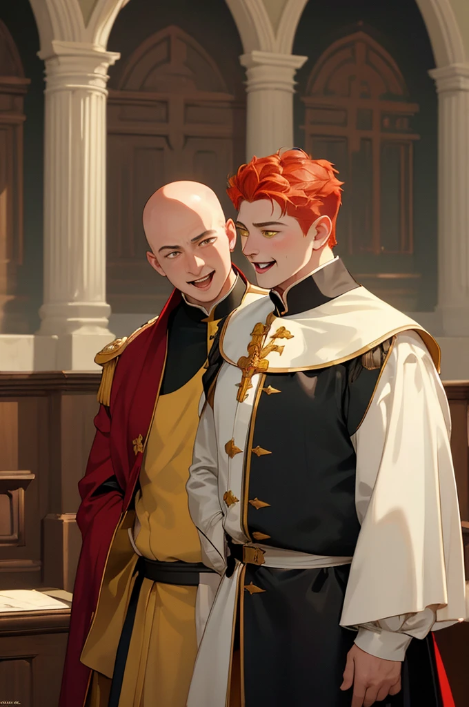(masterpiece, highest quality), 2 characters one is a young man with yellow eyes and red hair and wearing a noble clothing and the second character is a older man with no hair and is heavily fat and is wearing a priest uniform and the two men are talking and laughing to each other, close up view of both of them talking inside the castle hall
